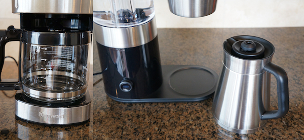 The Kenmore brewer features the classic glass carafe and warming plate technology, while the OXO On Barista Brain utilizes a thermal carafe system.